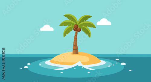 A solitary palm tree stands on a small tropical island.