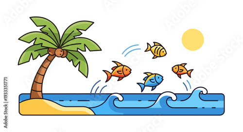 Fish Jumping Out of Ocean Near Palm Tree.