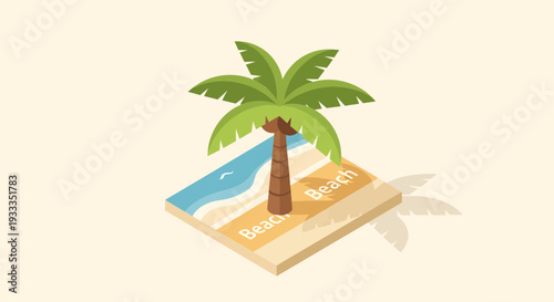 Isometric Palm Tree on Sandy Beach with Ocean Waves.