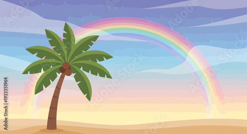 Single Palm Tree Standing Tall Against a Rainbow Sky.