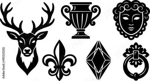 Flat design heraldic icons set stag head fleur de lis trophy cup mask gem door knocker black silhouette ornamental vintage