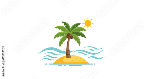 Tropical Island Paradise with Palm Tree and Sun.