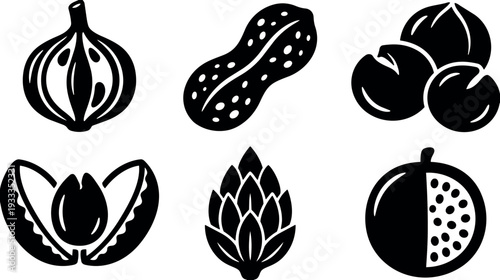 Flat design black silhouette assorted nut and seed icons close up top view isolated on white background bold simple shapes