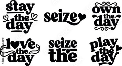 Retro 70s groovy typography set close up six handlettered motivational phrases with heart ornaments black silhouette vector art isolated transparent