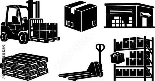 Flat design warehouse logistics icon set showing forklift and pallet jack lifting boxes on shelves with stacked pallets warehouse building