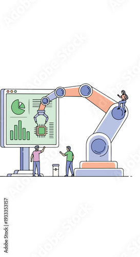 Robotic arm assembling microchip on computer screen with people supervising, symbolizing advanced technology and automation