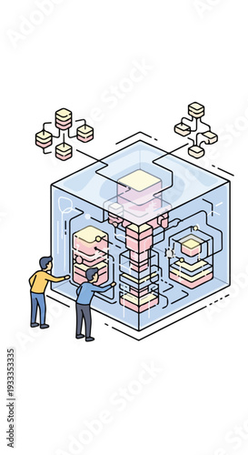 Two IT professionals managing a transparent cube data center, symbolizing cloud computing, server networks, and big data infrastructure. Modern isometric line art.