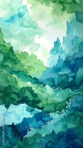 Watercolor abstract of verdant landscape with blues, greens