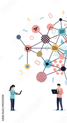 Abstract network connection with people using laptops, representing technology, communication, and data sharing