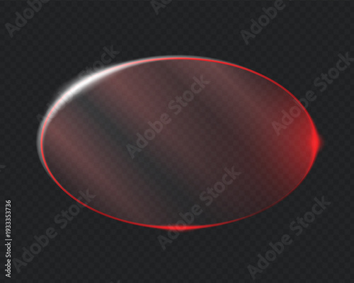 Transparent red neon light oval frame. Clear glass elliptical banner for futuristic website UI design. Vector art.