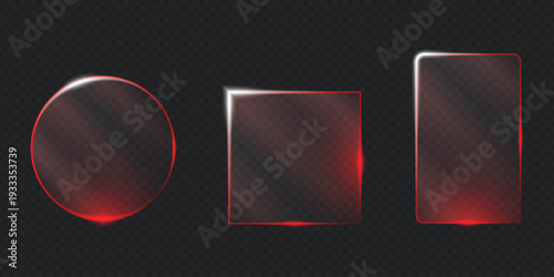 Glowing red glass plates. Clear neon borders circle and rectangle for futuristic interface and banners
