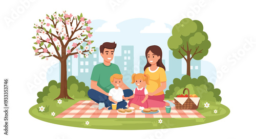 Modern vector illustration of happy family enjoying spring picnic in blooming park with parents and children relaxing on blanket, flowers and sunny nature. Seasonal holiday lifestyle concept