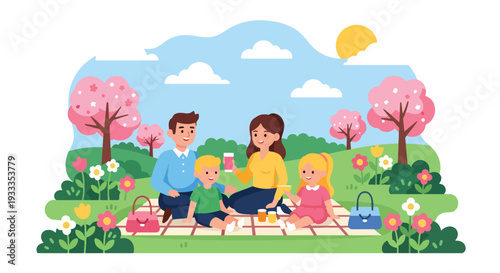 Modern vector illustration of happy family enjoying spring picnic in blooming park with parents and children relaxing on blanket, flowers and sunny nature. Seasonal holiday lifestyle concept