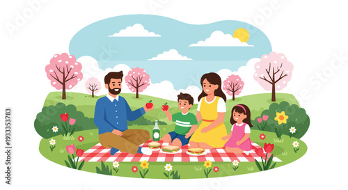 Modern vector illustration of happy family enjoying spring picnic in blooming park with parents and children relaxing on blanket, flowers and sunny nature. Seasonal holiday lifestyle concept