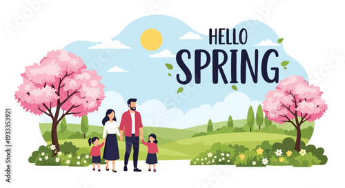 Modern vector illustration of family walking together under blooming spring trees in city park. Seasonal holiday outdoor lifestyle concept with parents and children enjoying warm weather nature