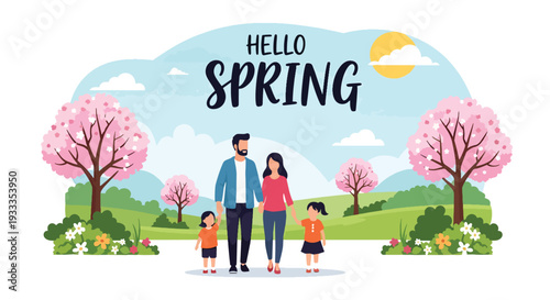 Modern vector illustration of family walking together under blooming spring trees in city park. Seasonal holiday outdoor lifestyle concept with parents and children enjoying warm weather nature