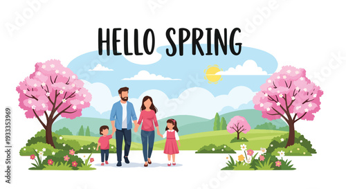Modern vector illustration of family walking together under blooming spring trees in city park. Seasonal holiday outdoor lifestyle concept with parents and children enjoying warm weather nature