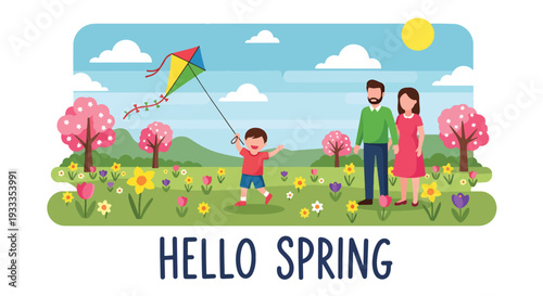 Modern vector illustration of family flying colorful kite in spring meadow with blooming flowers and blue sky. Happy parenting and outdoor seasonal holiday activity concept for family bonding lifestyl