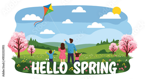 Modern vector illustration of family flying colorful kite in spring meadow with blooming flowers and blue sky. Happy parenting and outdoor seasonal holiday activity concept for family bonding lifestyl