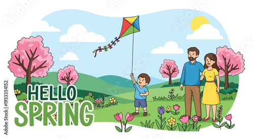 Modern vector illustration of family flying colorful kite in spring meadow with blooming flowers and blue sky. Happy parenting and outdoor seasonal holiday activity concept for family bonding lifestyl