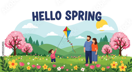 Modern vector illustration of family flying colorful kite in spring meadow with blooming flowers and blue sky. Happy parenting and outdoor seasonal holiday activity concept for family bonding lifestyl