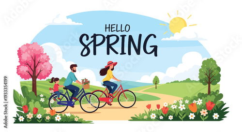 Modern vector illustration of family riding bicycles together on spring countryside path with blooming flowers. Healthy outdoor holiday activity and active lifestyle bonding concept