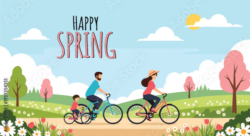 Modern vector illustration of family riding bicycles together on spring countryside path with blooming flowers. Healthy outdoor holiday activity and active lifestyle bonding concept