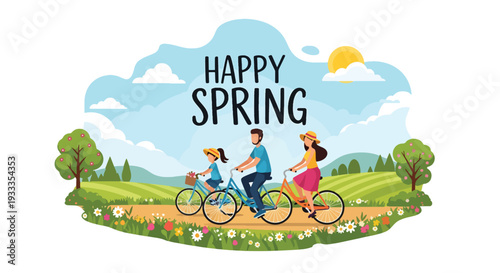 Modern vector illustration of family riding bicycles together on spring countryside path with blooming flowers. Healthy outdoor holiday activity and active lifestyle bonding concept