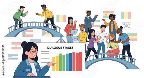 Diverse people collaborating and communicating across bridges with flags and charts.