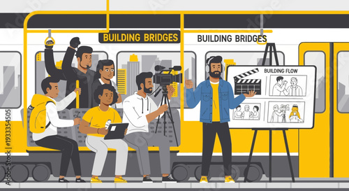 Filmmaking team collaborates on a new project inside a train carriage.