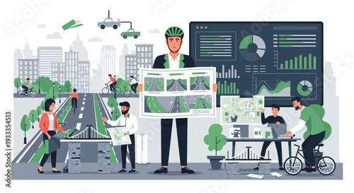 Man holding presentation about smart city development and sustainability.