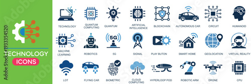 Technology Icon Set – Solid Vector Collection Featuring 5G, AI, Robotics, IoT, Biometric Security, Geolocation, Cloud Computing, and Automation Symbols