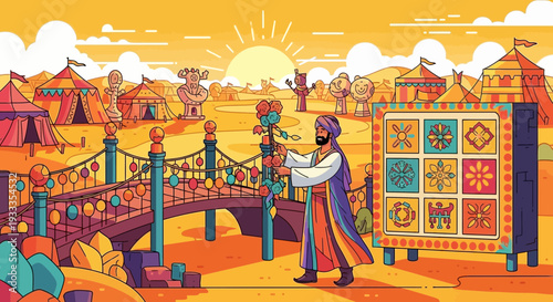 Man holding staff in desert marketplace.