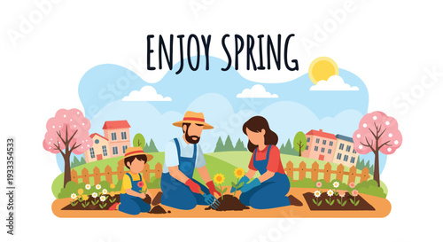 Modern vector illustration of family planting flowers together in home garden during spring season. Parenting bonding, eco lifestyle and outdoor activity concept with parents teaching children