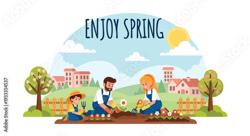 Modern vector illustration of family planting flowers together in home garden during spring season. Parenting bonding, eco lifestyle and outdoor activity concept with parents teaching children
