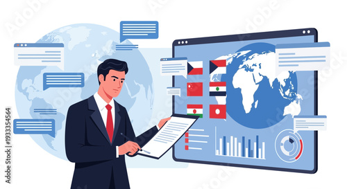 Man in suit presenting global business data and analytics.