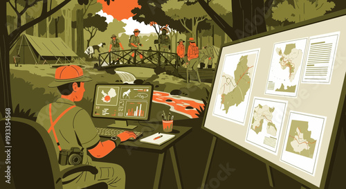 Man in uniform working on computer with maps and images.