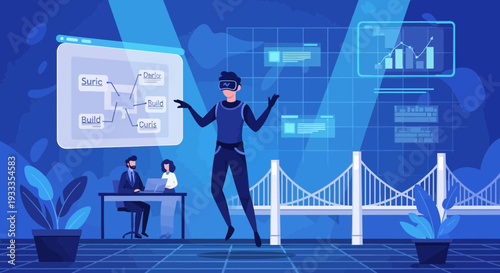 Man Interacting with Futuristic Virtual Reality Interface.