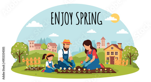 Modern vector illustration of family planting flowers together in home garden during spring season. Parenting bonding, eco lifestyle and outdoor activity concept with parents teaching children