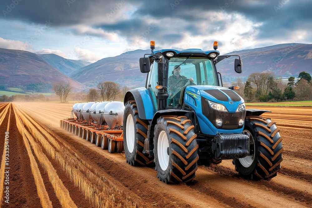 Naklejka premium Blue tractor in a plowed field pulls a multi-row planter under dramatic valley skies