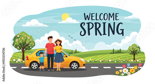 Modern vector illustration of family enjoying spring road trip with car parked near blooming field. Travel holiday lifestyle concept with parents and children relaxing in seasonal nature scenery