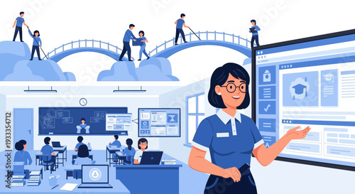 Teacher presenting in a modern classroom with digital screen.