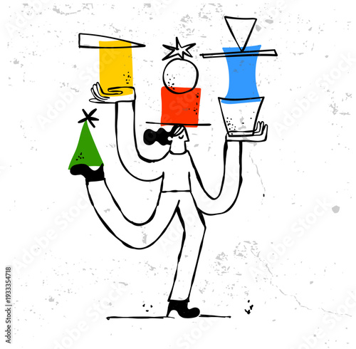 Woman Balancing Abstract Geometric Shapes Life Work Balance Concept Hand Drawn Doodle