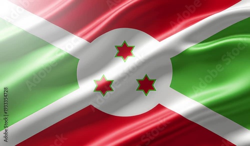 Waving flag of Burundi with red, green, and white colors and three red stars on a white disk, representing the national emblem.