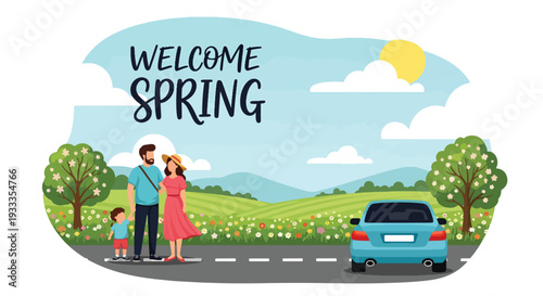 Modern vector illustration of family enjoying spring road trip with car parked near blooming field. Travel holiday lifestyle concept with parents and children relaxing in seasonal nature scenery
