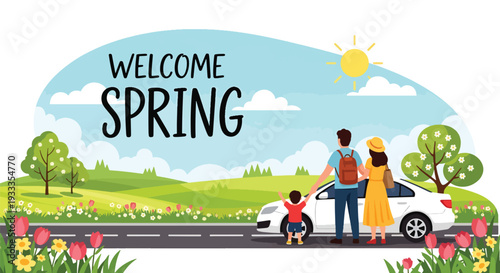 Modern vector illustration of family enjoying spring road trip with car parked near blooming field. Travel holiday lifestyle concept with parents and children relaxing in seasonal nature scenery