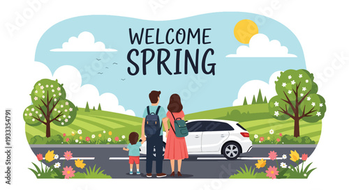 Modern vector illustration of family enjoying spring road trip with car parked near blooming field. Travel holiday lifestyle concept with parents and children relaxing in seasonal nature scenery