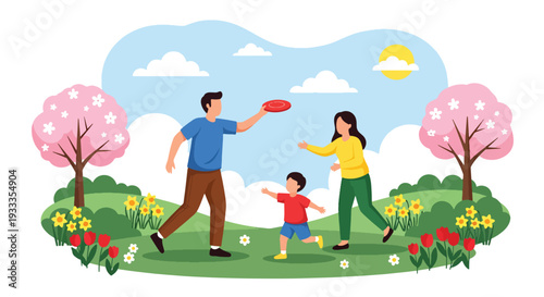 Modern vector illustration of family playing frisbee together in sunny spring park. Active outdoor lifestyle and parenting bonding concept with happy children and parents enjoying holiday time