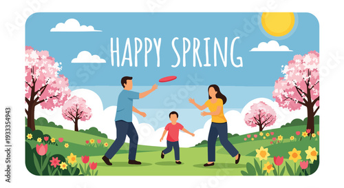 Modern vector illustration of family playing frisbee together in sunny spring park. Active outdoor lifestyle and parenting bonding concept with happy children and parents enjoying holiday time