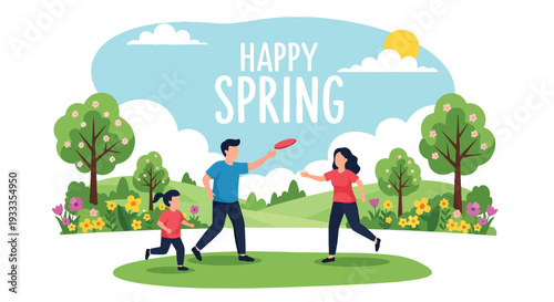 Modern vector illustration of family playing frisbee together in sunny spring park. Active outdoor lifestyle and parenting bonding concept with happy children and parents enjoying holiday time